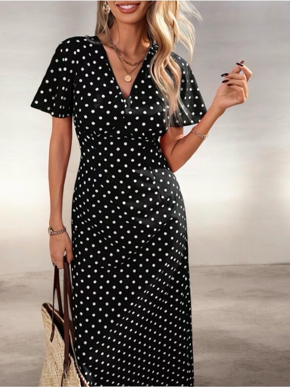 Elegant Black Polka Dot Maxi Dress - Size M/L - Picture 5 of 9